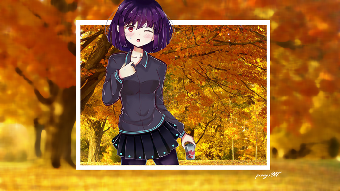 Anime girl with short purple hair in autumn park