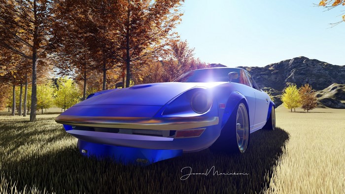 Blue Nissan Fairlady Z S30 in autumn landscape