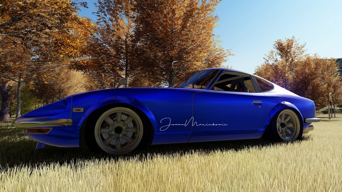 Blue Nissan Fairlady Z S30 sports car in autumn setting