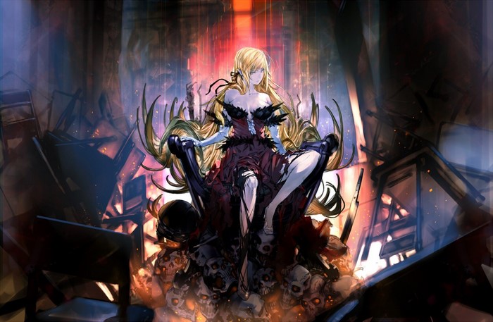 Oshino Shinobu from Monogatari Series sitting on a throne of skulls