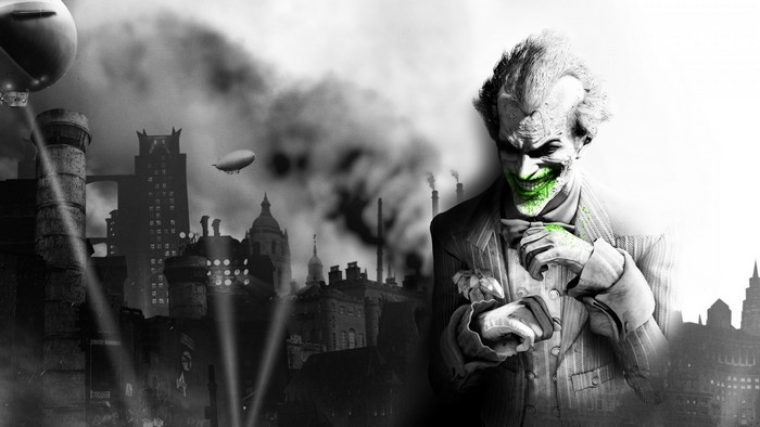 Joker from Batman Arkham City in a monochrome city