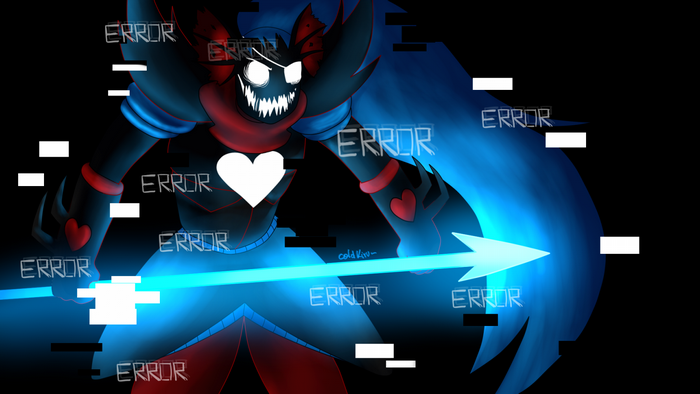Error Sans with a glowing spear and glitch effects