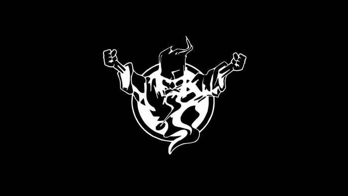 White ghost-like figure with raised fists in a circle logo