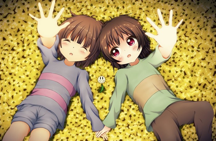 Chara and Frisk Lying on Flowers in Undertale
