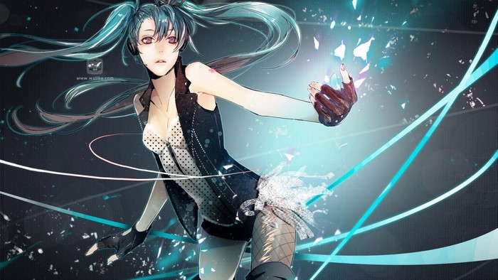 Hatsune Miku performing on stage with light effects