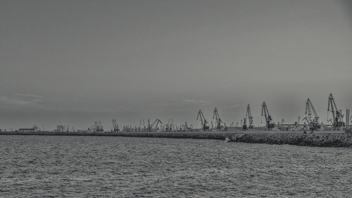 Port cranes on the coast with the sea in the foreground