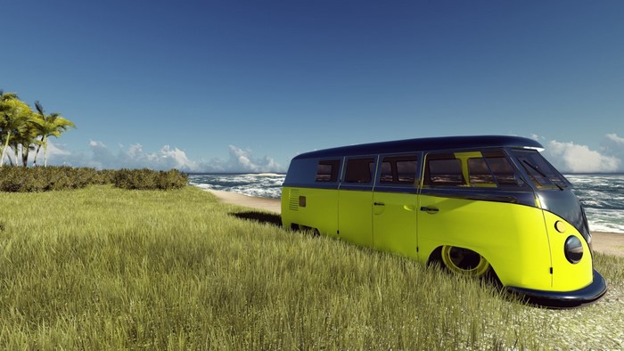 Yellow Volkswagen VW Kombi Van on a Beach