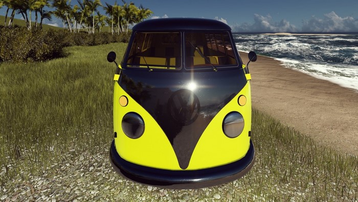 Yellow and black Volkswagen Kombi van on a beach