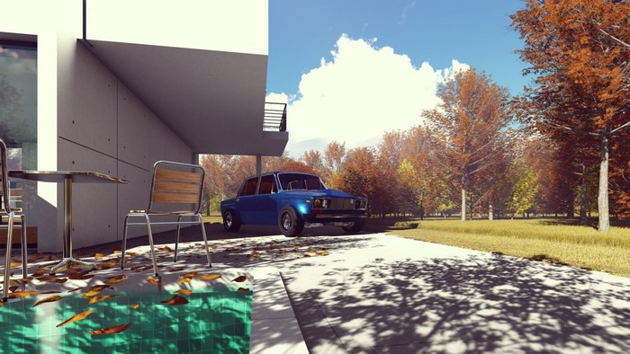 Blue LADA car parked near modern house in autumn