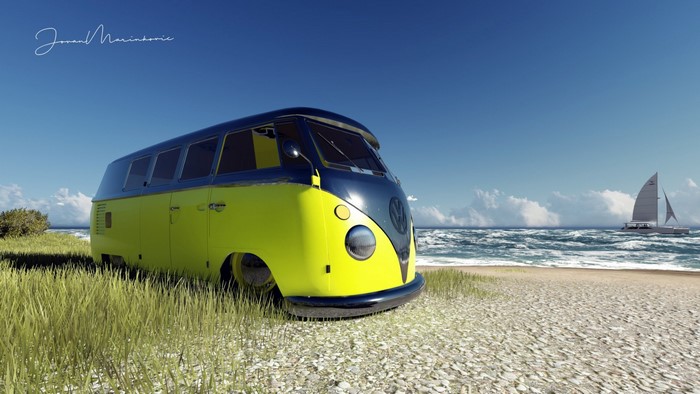 Yellow and blue Volkswagen Kombi van on a beach with a sailboat