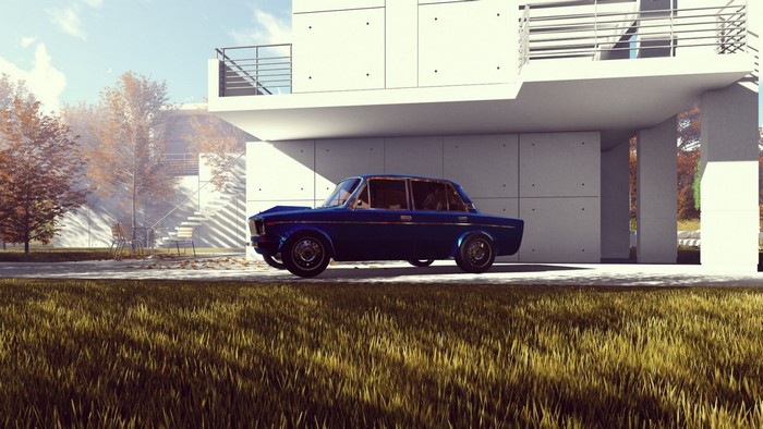 Blue LADA car parked near a modern house