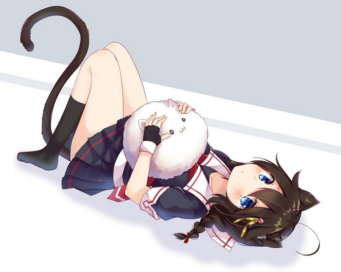 Neko girl from Kantai Collection holding a plush toy