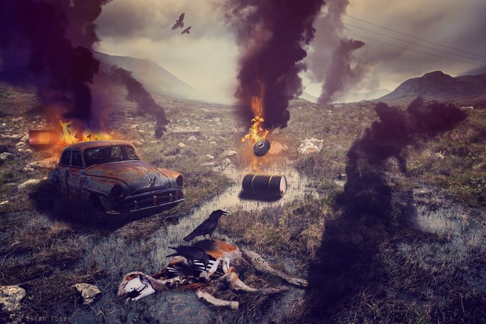 Apocalyptic landscape with burning car and dead animal