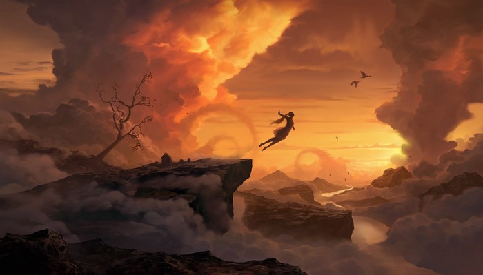 Woman jumping off a cliff at sunset with birds flying