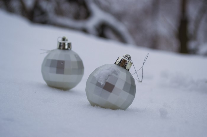 Christmas ornaments in the snow