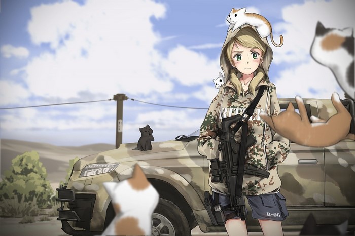 Anime Soldier Girl with Cats and Toyota Military Vehicle