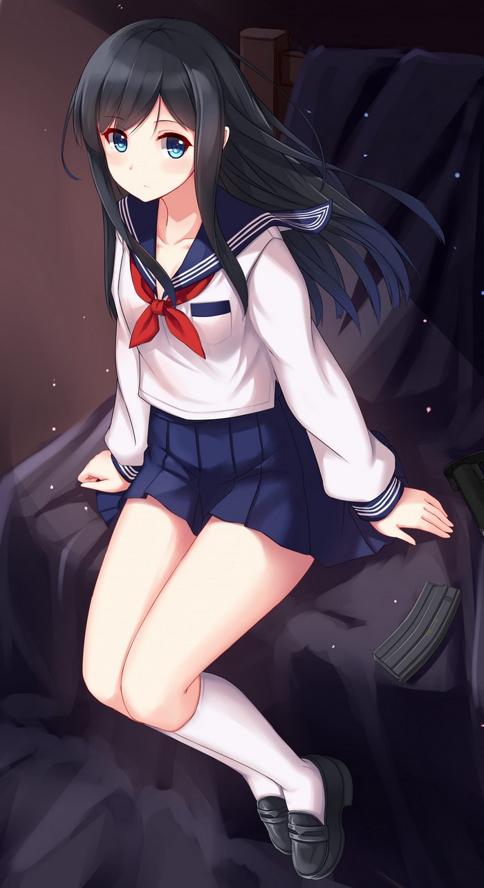 Anime girl with black hair and blue eyes in school uniform