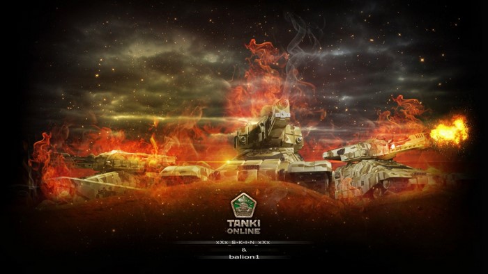 Tanki Online game screenshot with tanks in fire
