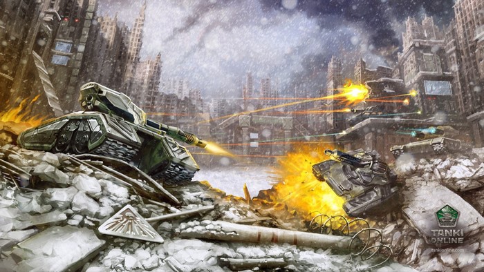 Tanks in a destroyed city during a battle in Tanki Online