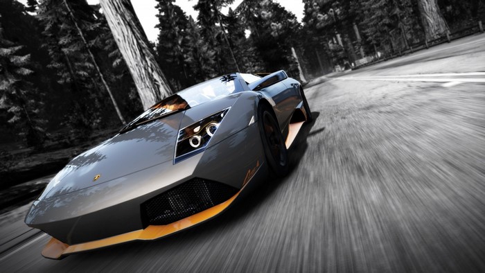 Lamborghini Aventador driving on a road in a forest