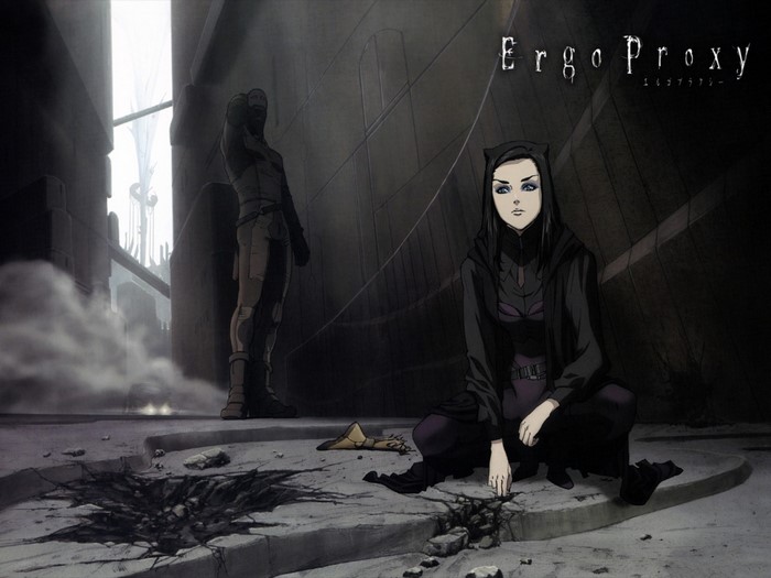 Re-l Mayer from Ergo Proxy in a dark, ruined city