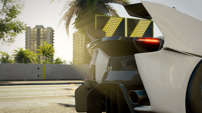 Rear view of a white and black sports car in Forza Horizon 3