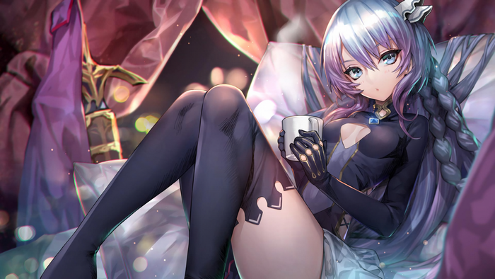 Katya from Chain Chronicle with a sword and drink