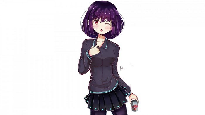 Anime girl with short purple hair winking