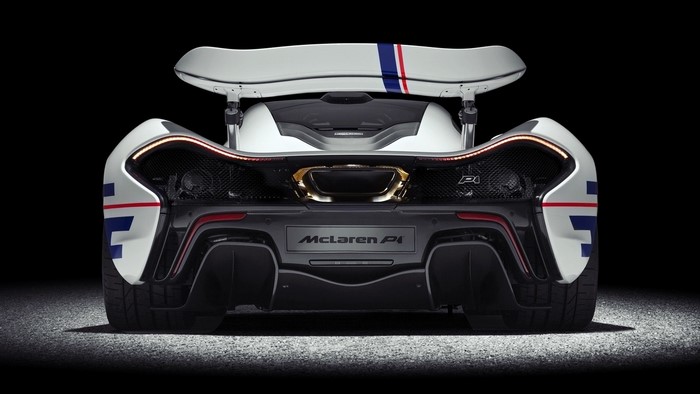 McLaren P1 rear view with racing stripes