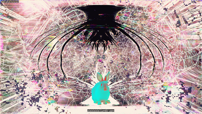 Glitch art abstract with a cyan rabbit and dark entity