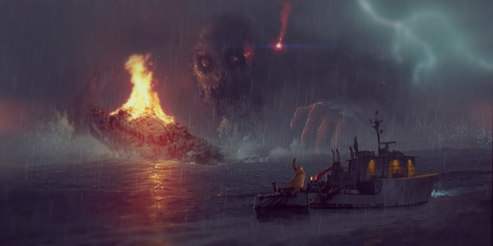 Giant monster attacks burning ship and boat in stormy sea
