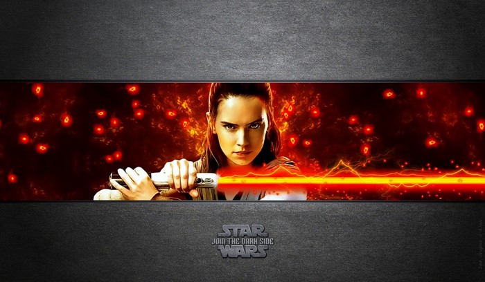 Rey from Star Wars holding a red lightsaber