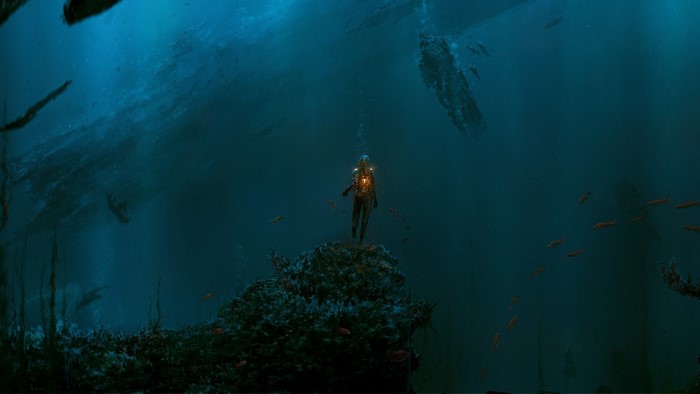 Artwork of a diver in a dark underwater scene