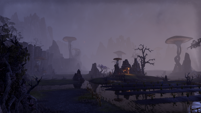 The Elder Scrolls Online swamp landscape with giant mushrooms