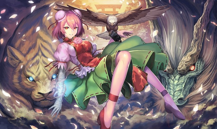 Chen from Touhou with Tiger, Dragon, and Hawk