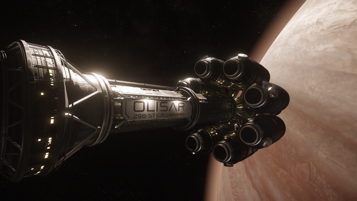 Olisar spaceship near a planet in Star Citizen