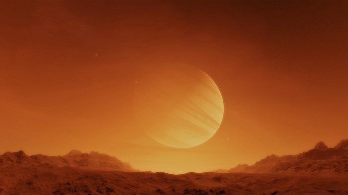 Alien planet landscape with a large gas giant in the sky