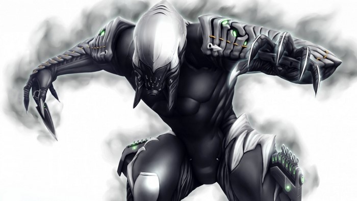 Ash from Warframe, a monochrome warrior