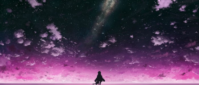 Girl and dog under a starry galaxy sky