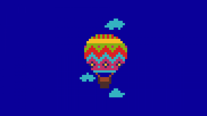 Pixel art hot air balloon with clouds