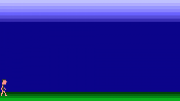 Pixel art character walking on grass with blue sky