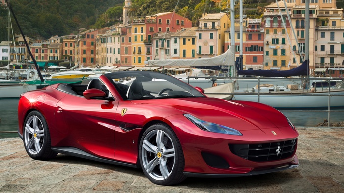 Red Ferrari Portofino GT convertible in Portofino, Italy