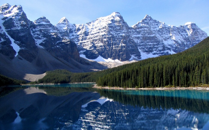 Snow-capped mountains reflected in a turquoise lake with pine forest
