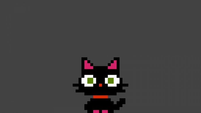 Pixel art black cat with green eyes and pink ears