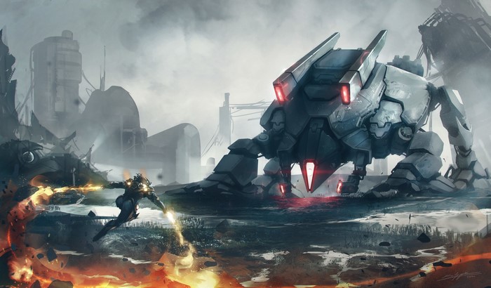 Soldier fighting a giant robot in a destroyed city