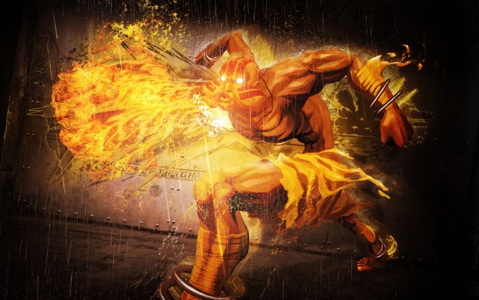 Dhalsim from Street Fighter breathing fire