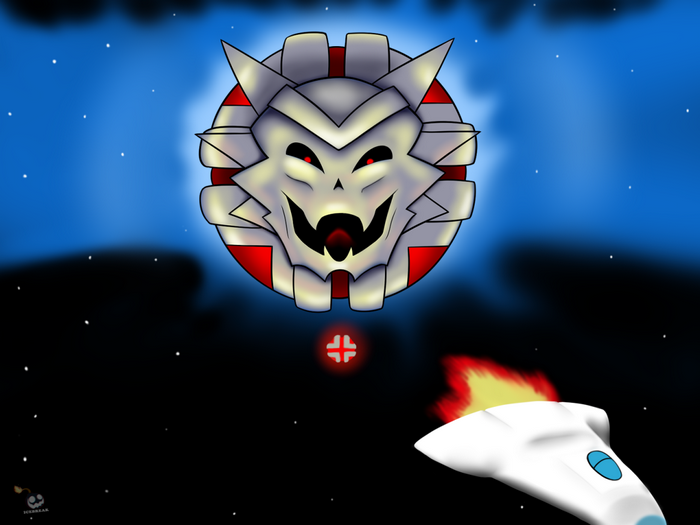Sinistar facing a spaceship in space