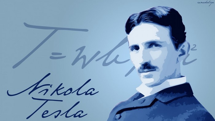Nikola Tesla portrait with scientific formulas