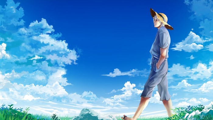 Anime character in straw hat walking in a meadow under blue sky