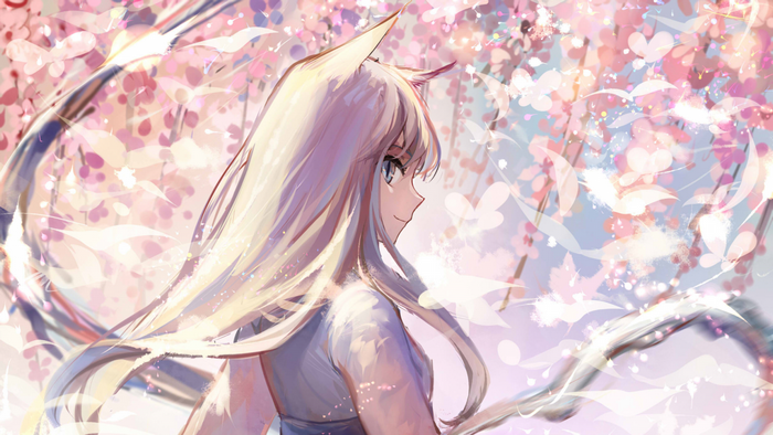 Anime girl with fox ears and tail among cherry blossoms